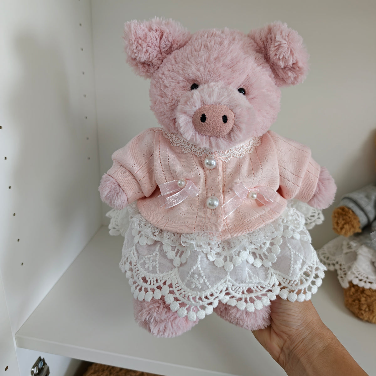 Handmade Cute Teddy Bear Cardigan & Lace Skirt Outfit Set (Clothing Only, Plush Toy Not Included)