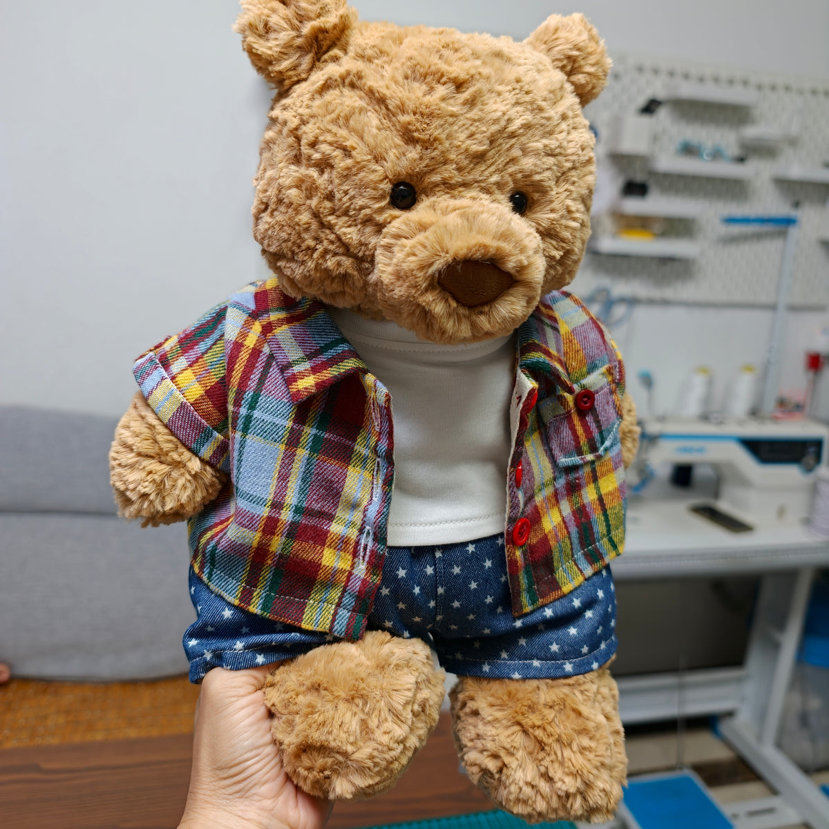 Handmade Plaid Shirt Outfit Set for Plush Bears, 3-Piece Clothing Set (Clothing Only, Plush Toy Not Included)