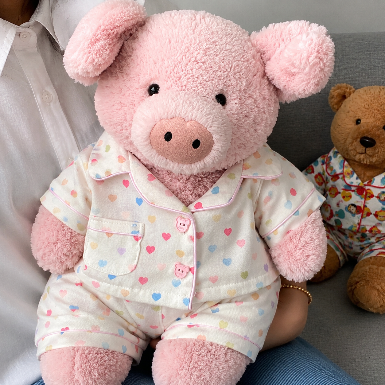 Handmade Cute Teddy Bear Pajama Set, Heart Pattern Top & Shorts, Plush Toy Clothes Only