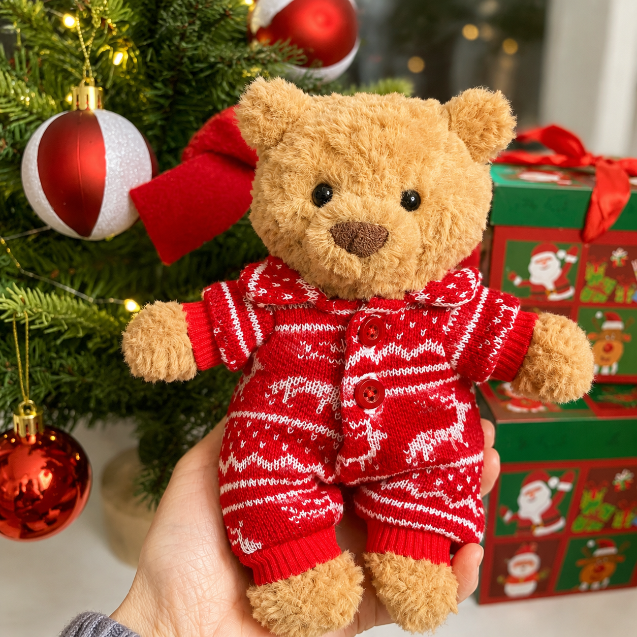 Handmade Christmas Red Knit Sweater Outfit for Teddy Bears | Cozy Holiday Plush Bear Clothes