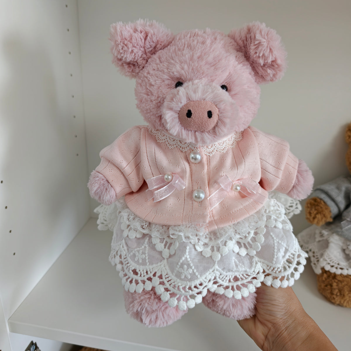 Handmade Cute Teddy Bear Cardigan & Lace Skirt Outfit Set (Clothing Only, Plush Toy Not Included)