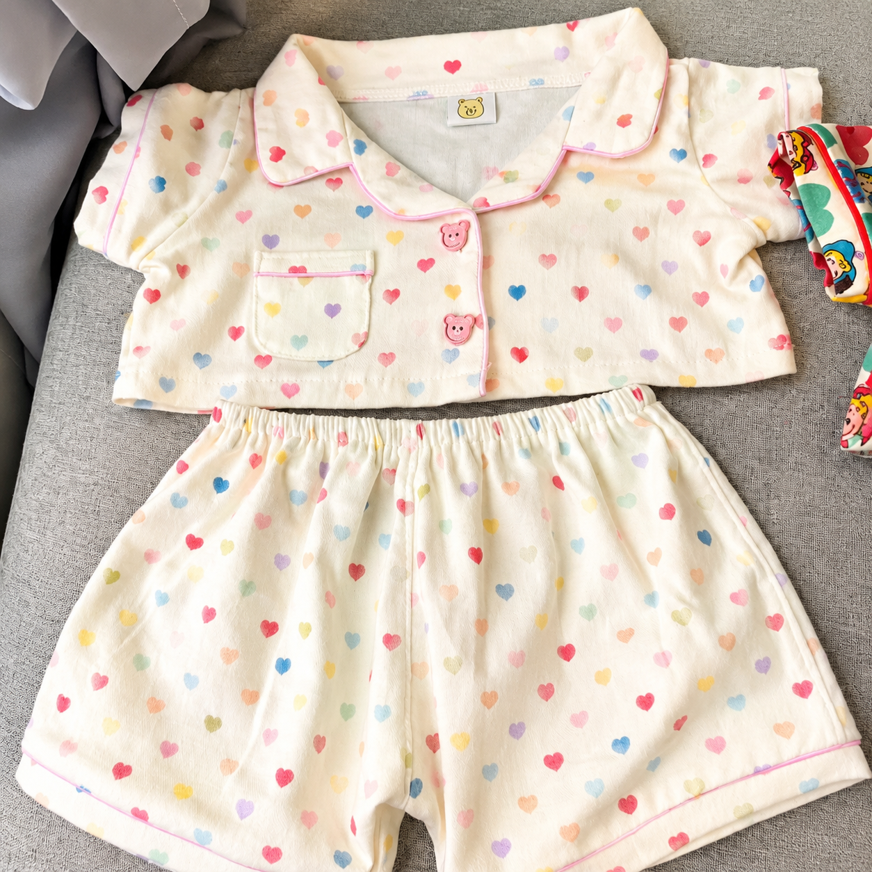 Handmade Cute Teddy Bear Pajama Set, Heart Pattern Top & Shorts, Plush Toy Clothes Only