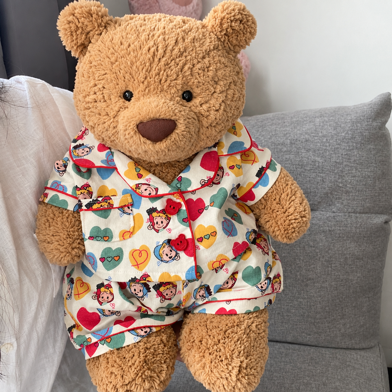 Handmade Cute Teddy Bear Pajama Set, Heart Pattern Top & Shorts, Plush Toy Clothes Only