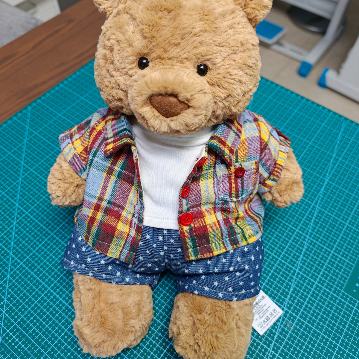 Handmade Plaid Shirt Outfit Set for Plush Bears, 3-Piece Clothing Set (Clothing Only, Plush Toy Not Included)
