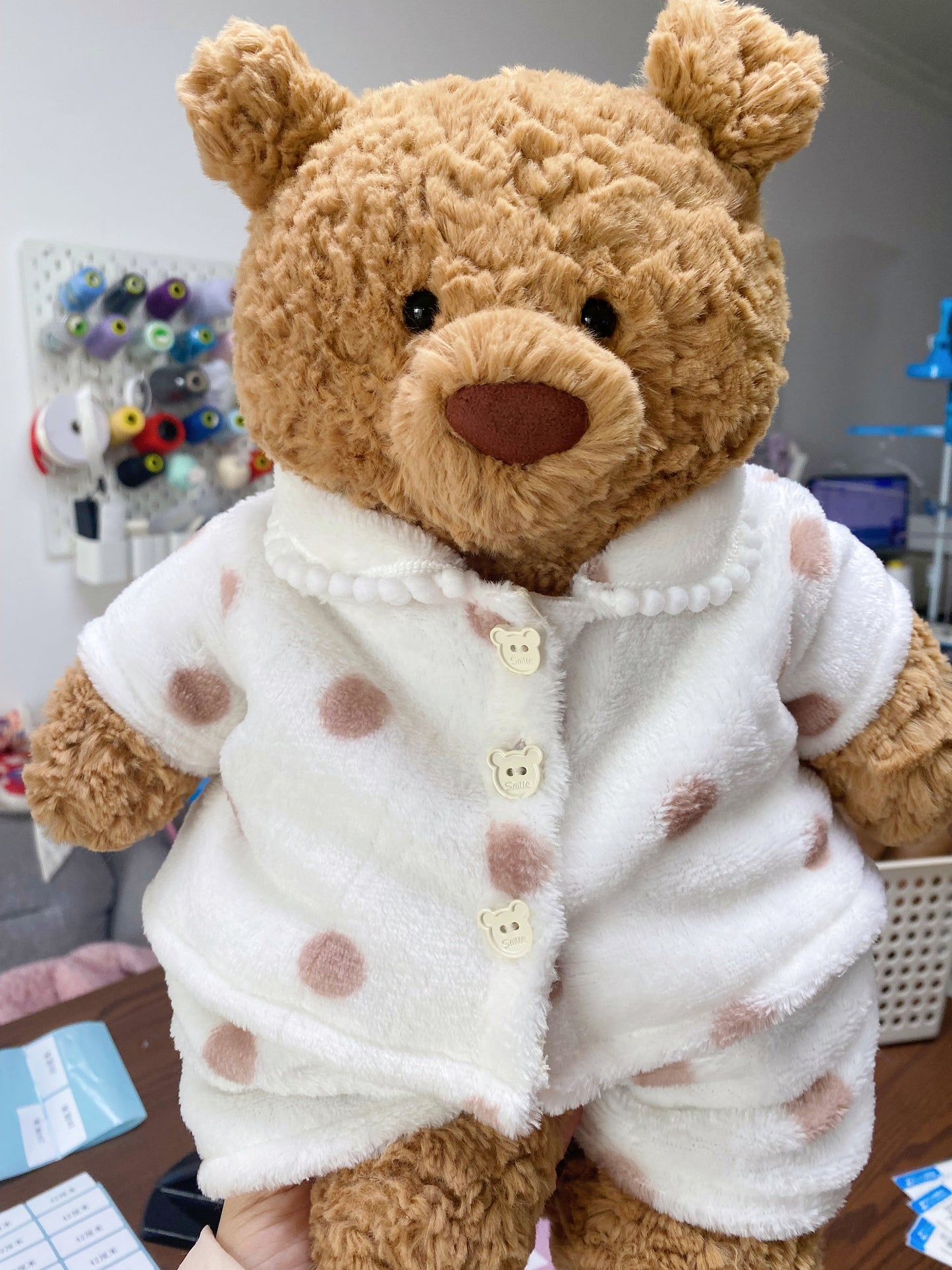 Handmade Teddy Bear Pajama Set with Brown Polka Dots & Bear Buttons | Cozy Plush Bear Clothes Only