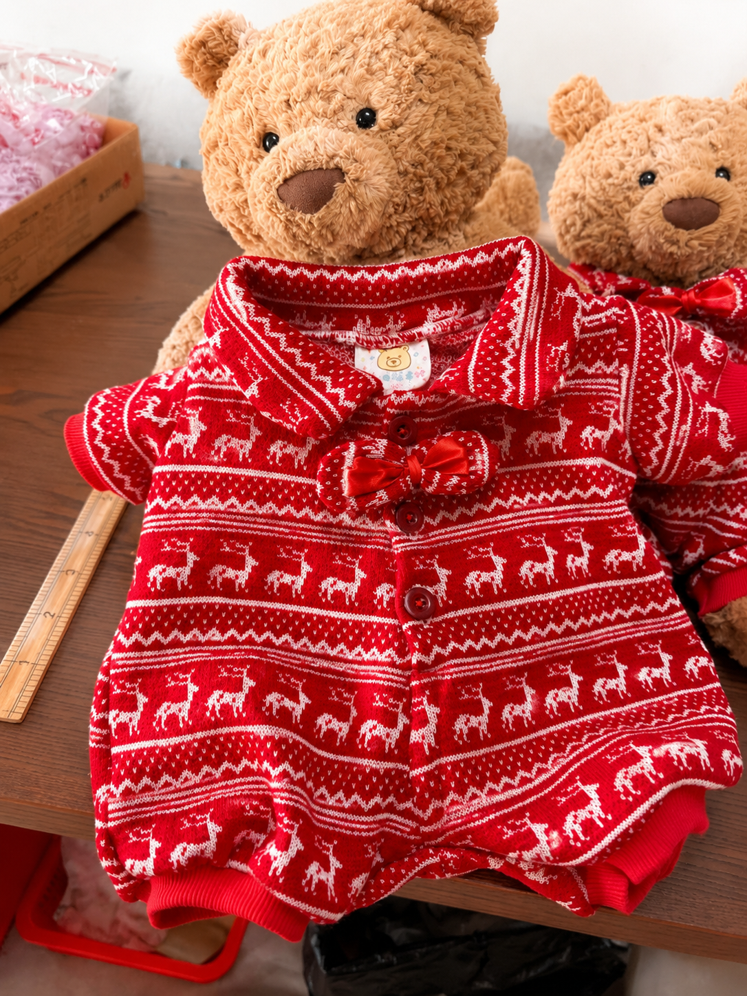 Handmade Christmas Red Knit Sweater Outfit for Teddy Bears | Cozy Holiday Plush Bear Clothes