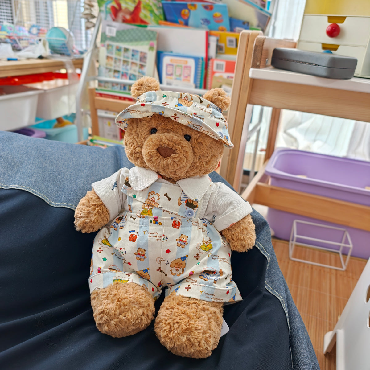 Handmade Cute Teddy Bear Overalls 3-Piece Outfit Set with Hat (Clothing Only, Plush Toy Not Included)