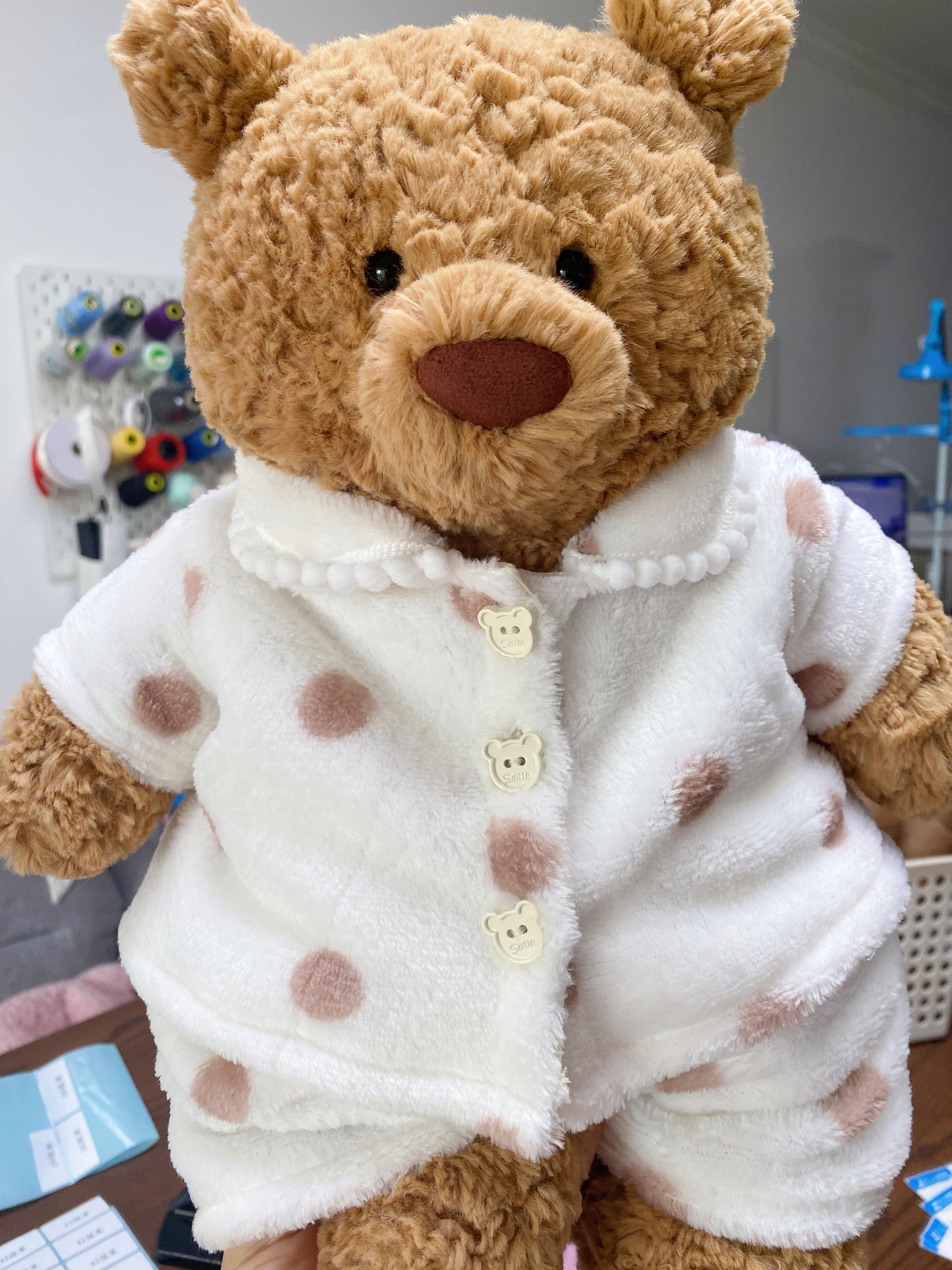 Handmade Teddy Bear Pajama Set with Brown Polka Dots & Bear Buttons | Cozy Plush Bear Clothes Only