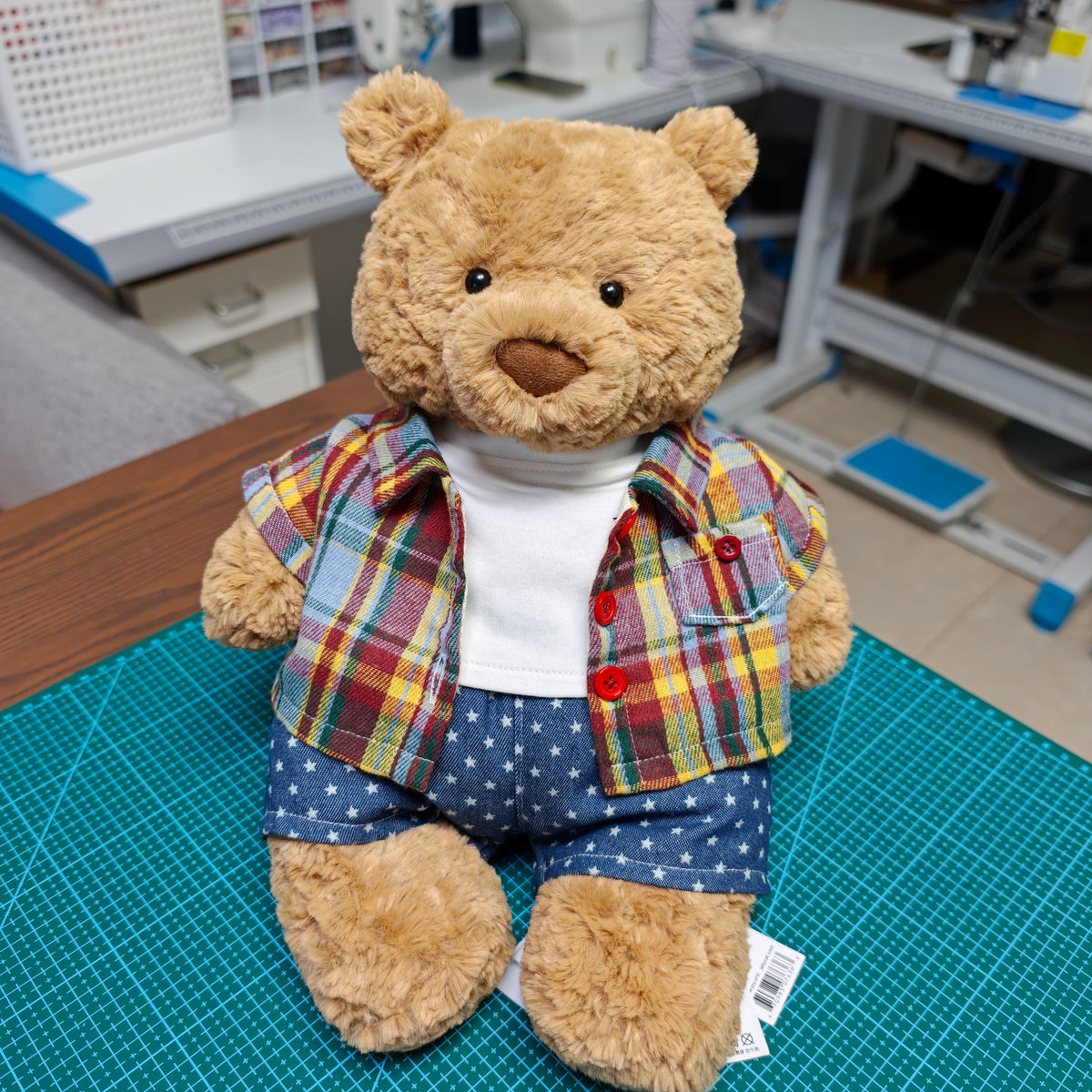 Handmade Plaid Shirt Outfit Set for Plush Bears, 3-Piece Clothing Set (Clothing Only, Plush Toy Not Included)