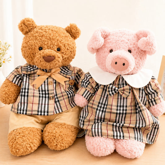 Handmade Plaid Shirt & Dress Outfit Set for Plush Bear and Pig | Teddy Bear Clothes Only