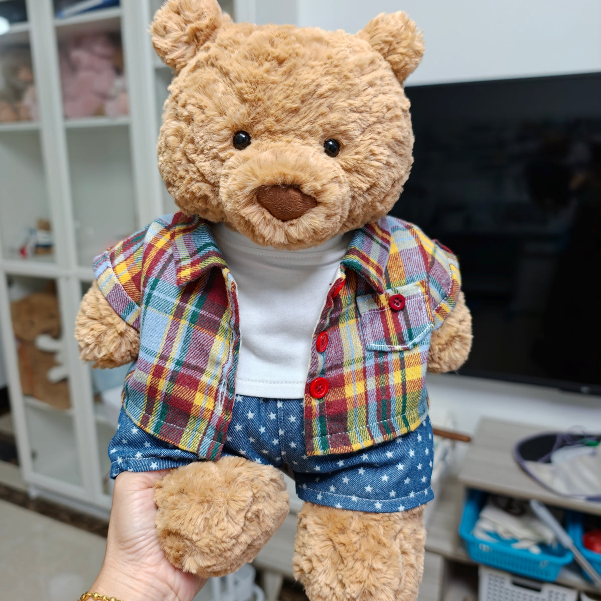 Handmade Plaid Shirt Outfit Set for Plush Bears, 3-Piece Clothing Set (Clothing Only, Plush Toy Not Included)