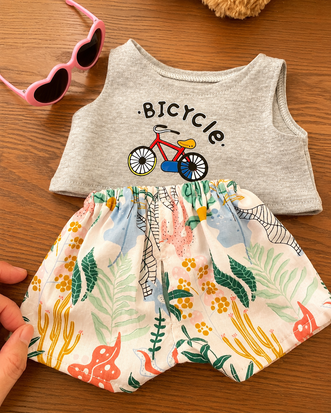 Handmade Teddy Bear Summer Outfit Set with Bicycle Tank Top & Printed Shorts | Casual Plush Bear Clothes Only