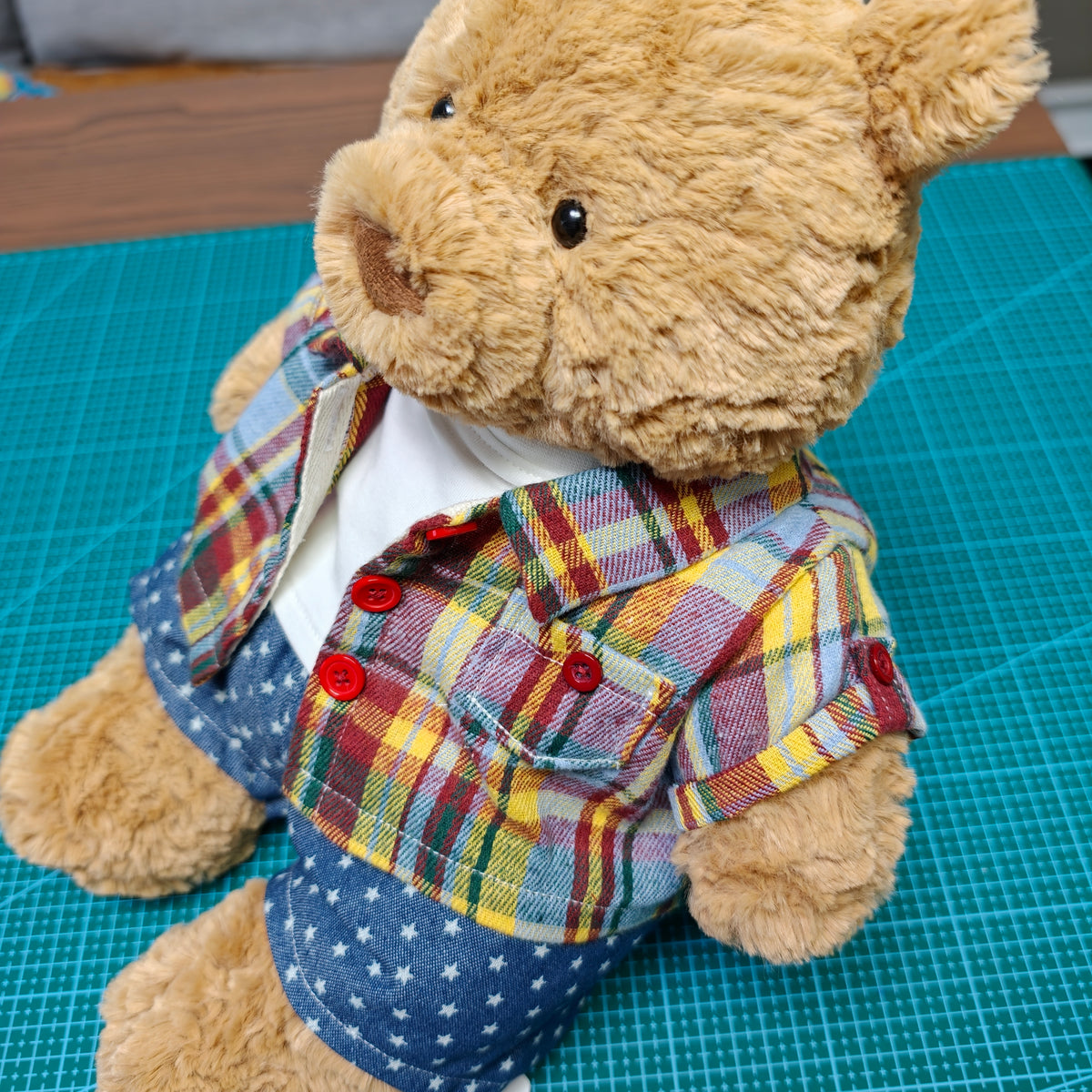 Handmade Plaid Shirt Outfit Set for Plush Bears, 3-Piece Clothing Set (Clothing Only, Plush Toy Not Included)