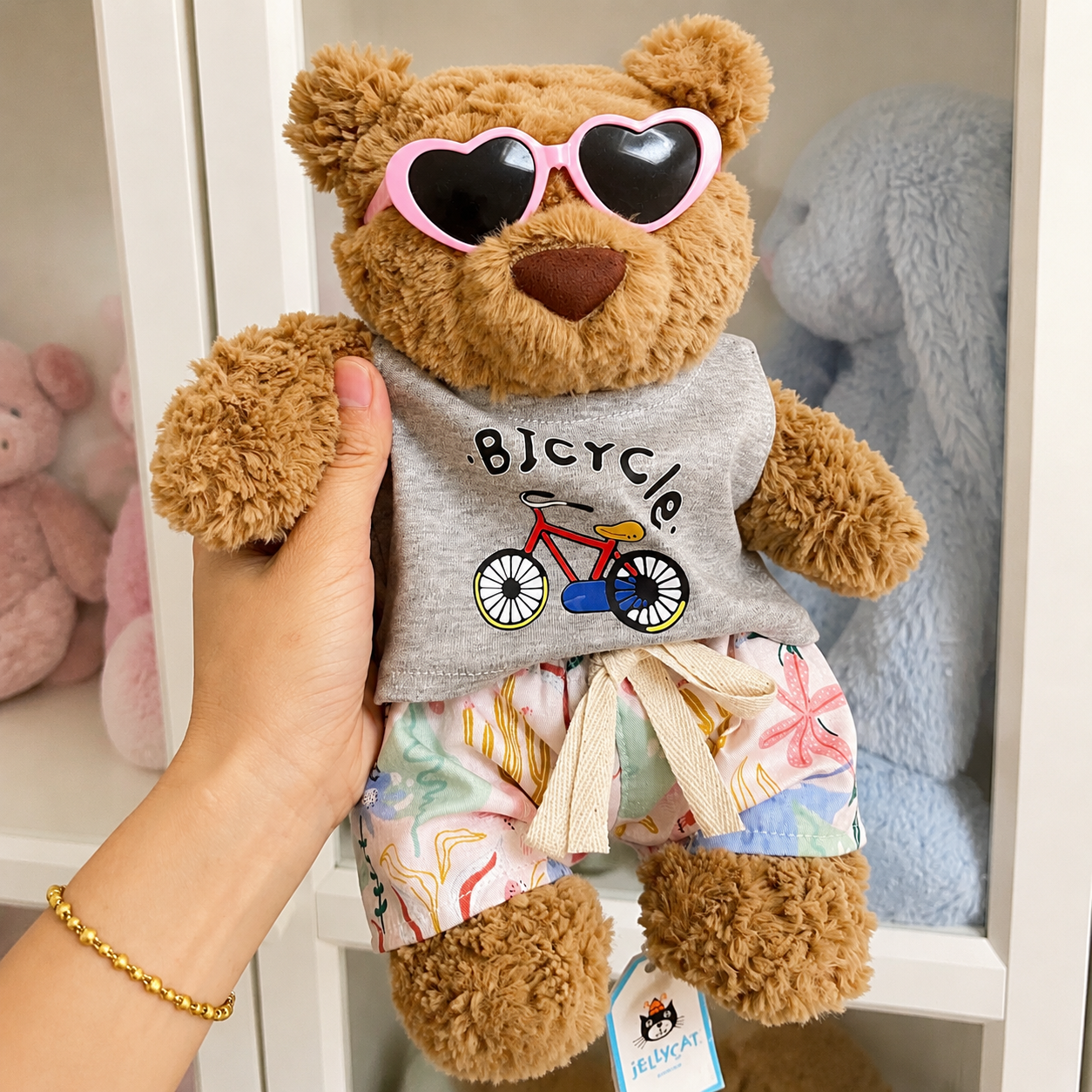 Handmade Teddy Bear Summer Outfit Set with Bicycle Tank Top & Printed Shorts | Casual Plush Bear Clothes Only