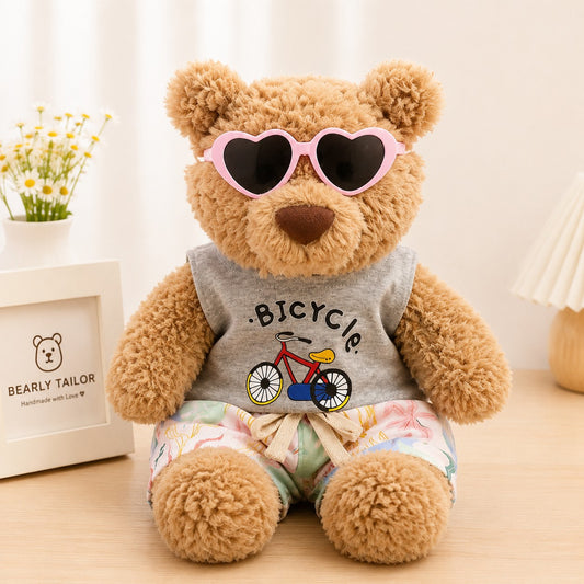 Handmade Teddy Bear Summer Outfit Set with Bicycle Tank Top & Printed Shorts | Casual Plush Bear Clothes Only
