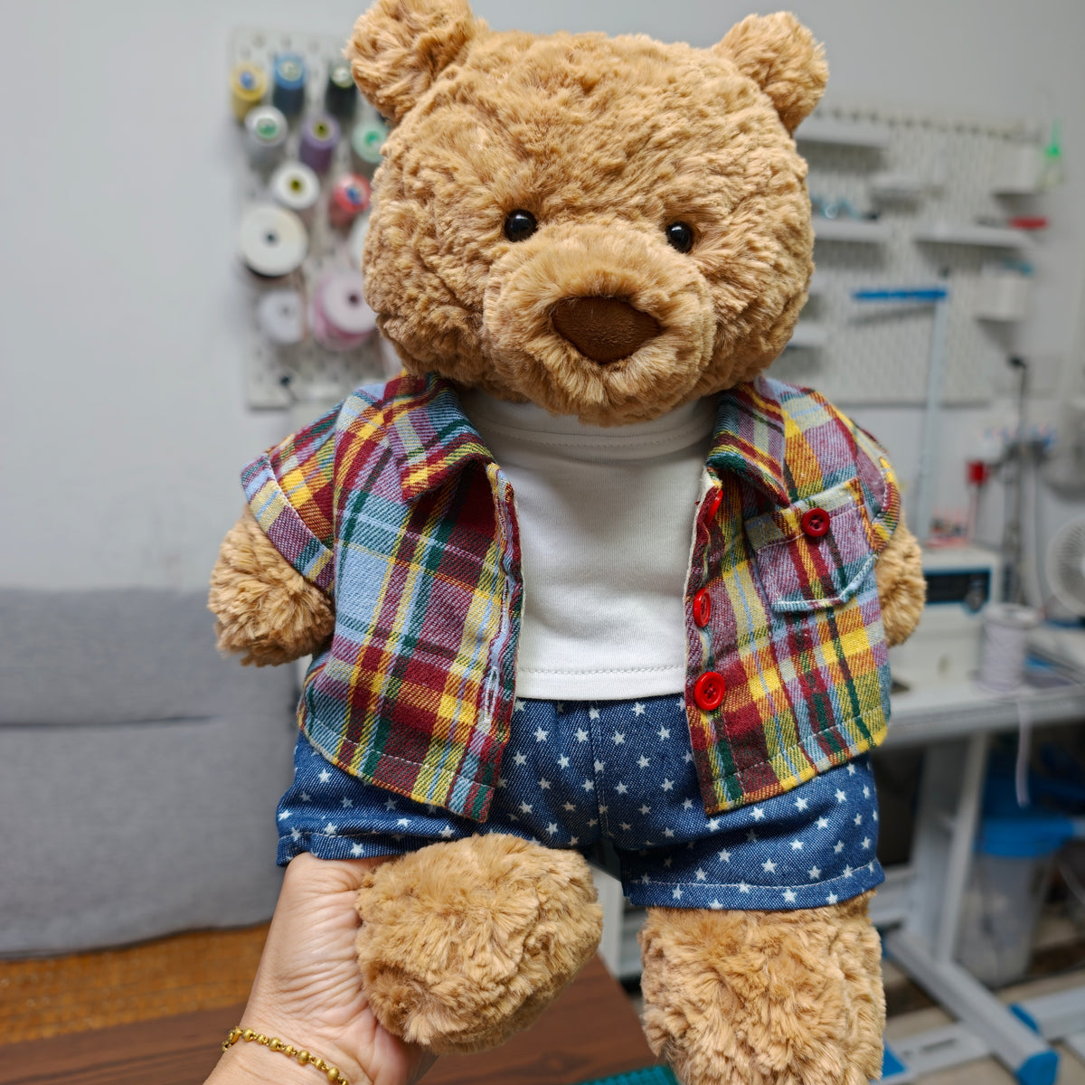 Handmade Plaid Shirt Outfit Set for Plush Bears, 3-Piece Clothing Set (Clothing Only, Plush Toy Not Included)