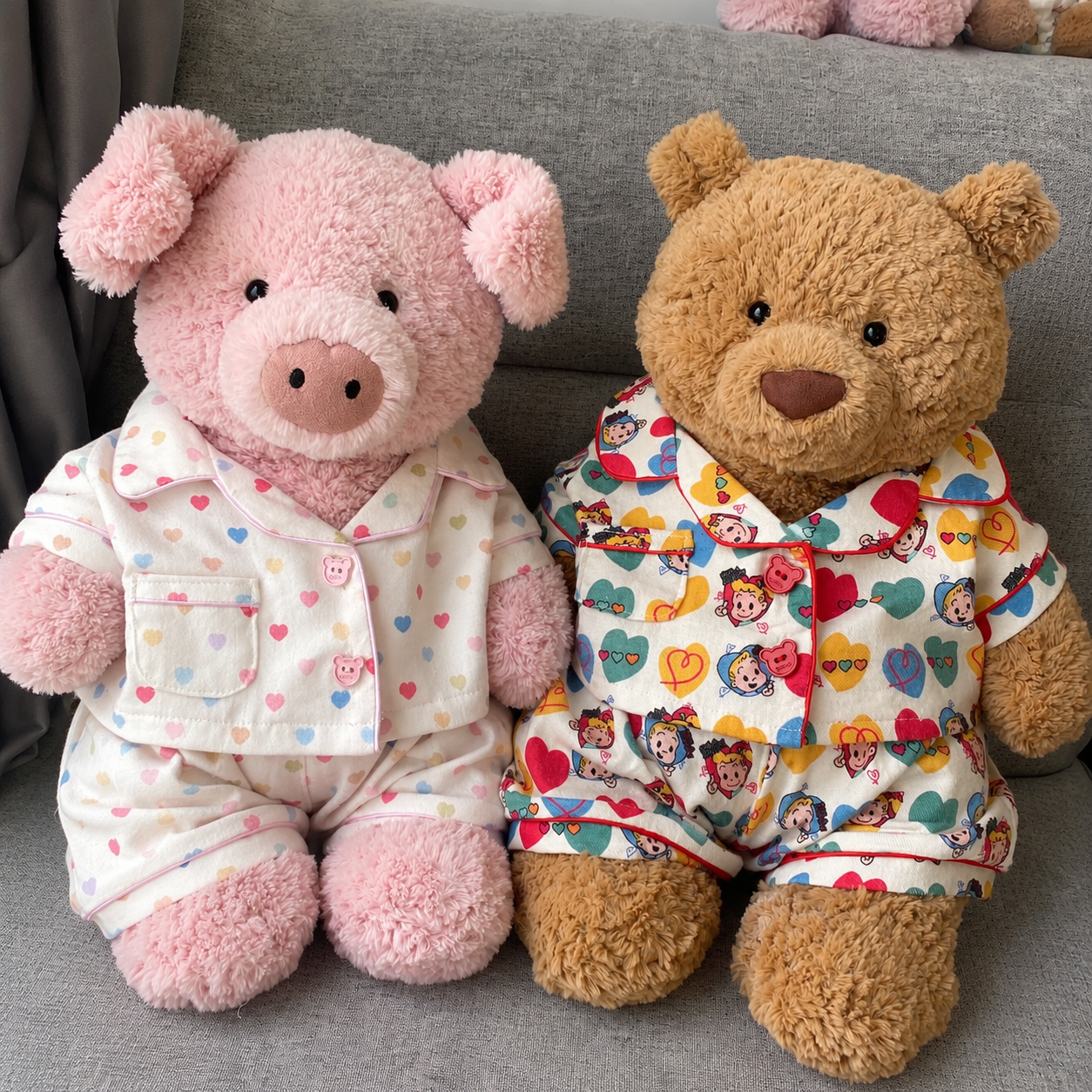 Handmade Cute Teddy Bear Pajama Set, Heart Pattern Top & Shorts, Plush Toy Clothes Only