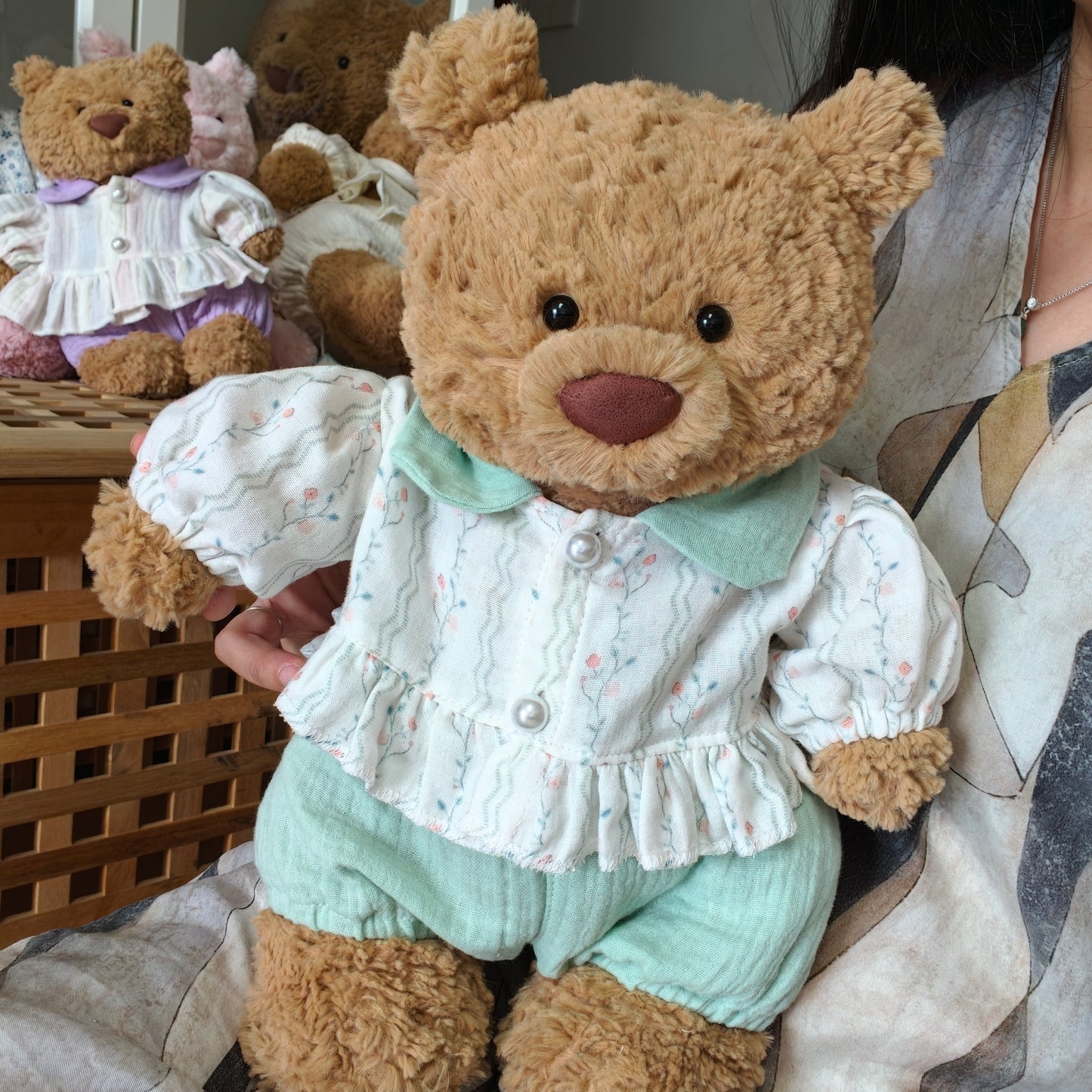 Cute Soft Teddy Bear Floral Dress Outfit Set – Clothes Only